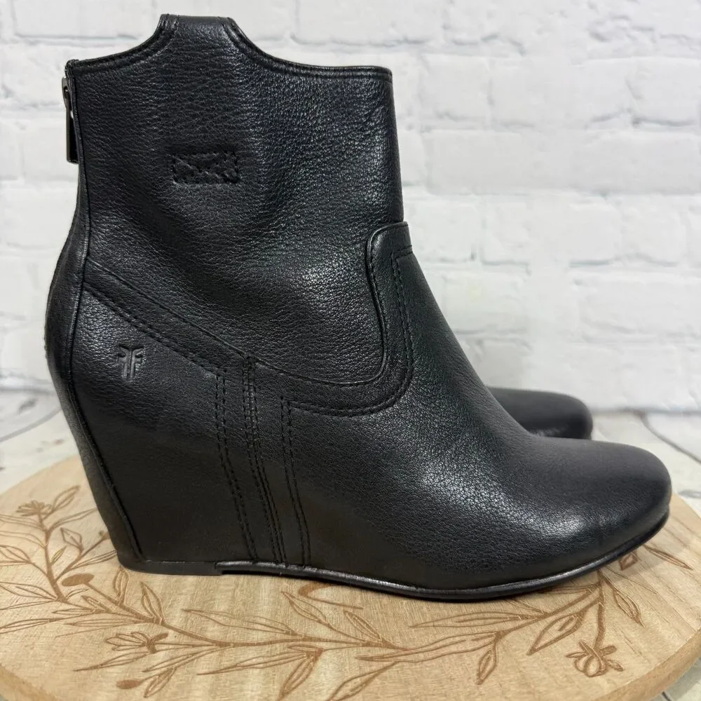 Frye Carson Hidden Wedge Booties Women 6.5 Black Leather Ankle Boots Boho